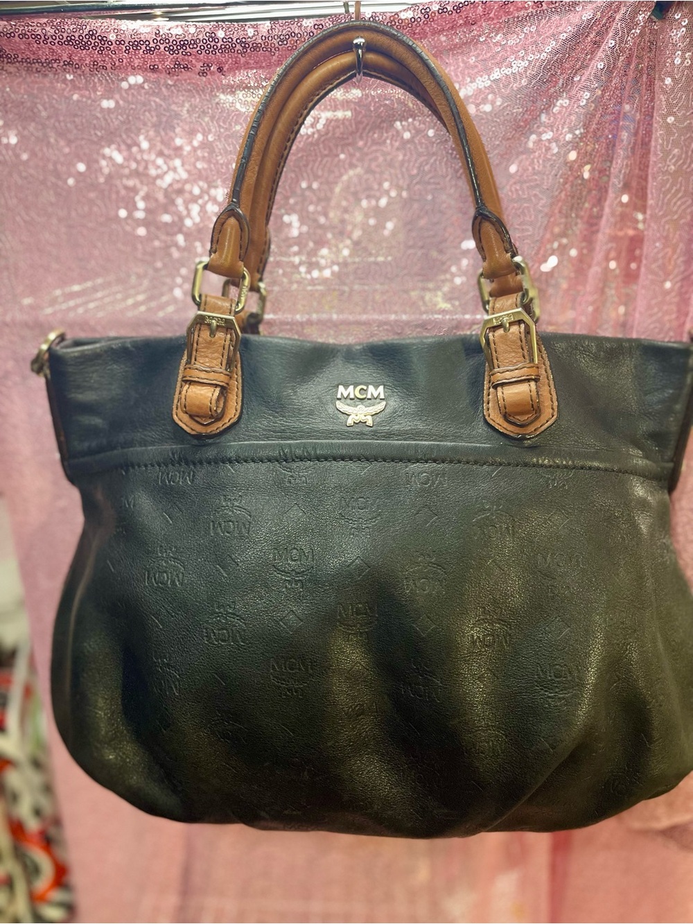 Vintage- MCM Black Leather Tote with Brown Trim and Gold Hardware